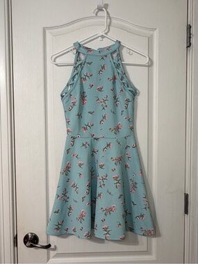 No Boundaries Aqua Floral Halter Mini Dress